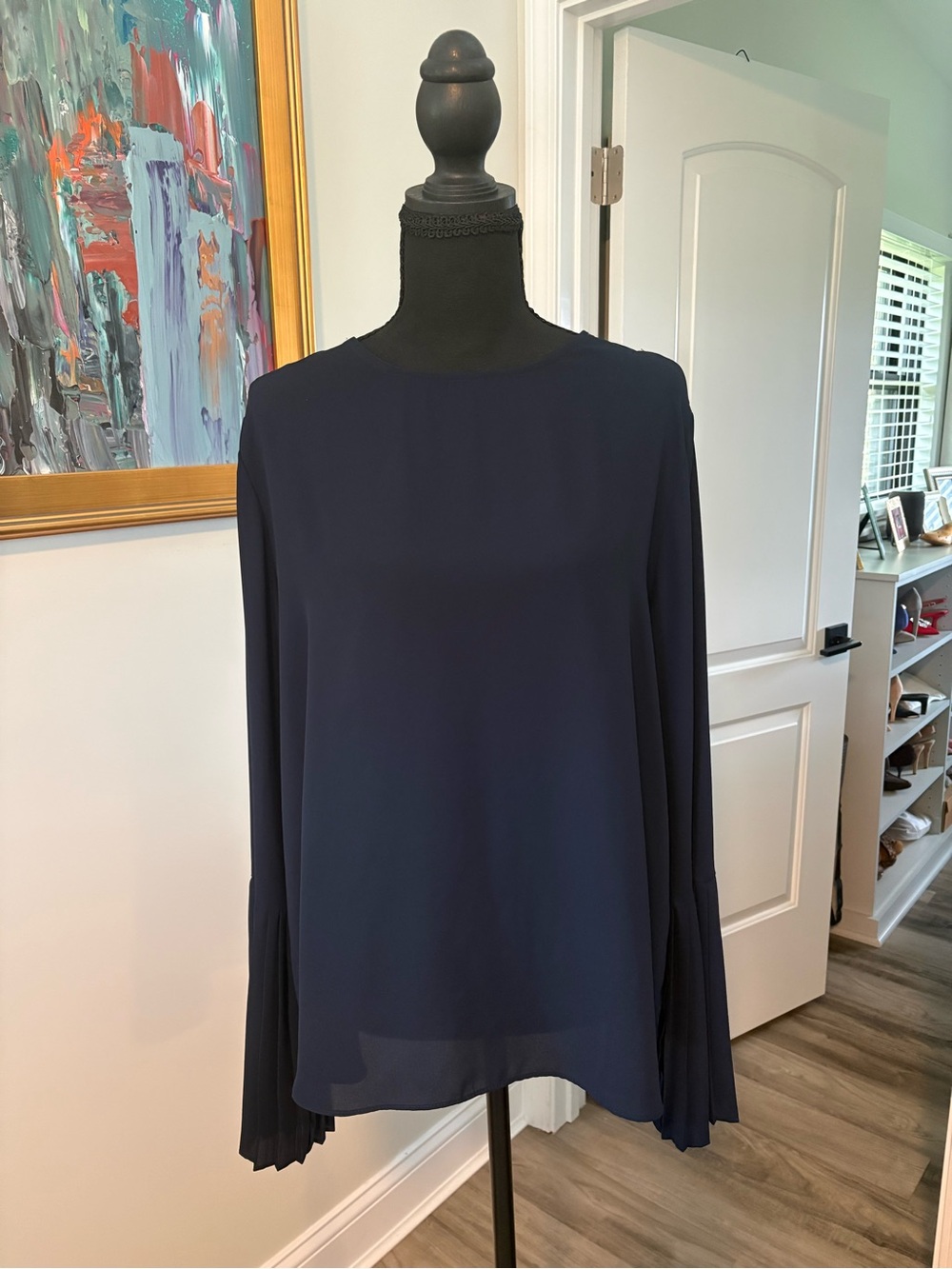 Catherines Navy Long-Sleeve Pleated-Cuff Blouse